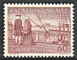 FRIMÆRKER GRØNLAND | 1971 - AFA 77 - Hans Egedes ankomst - 60 øre brunrød - Postfrisk